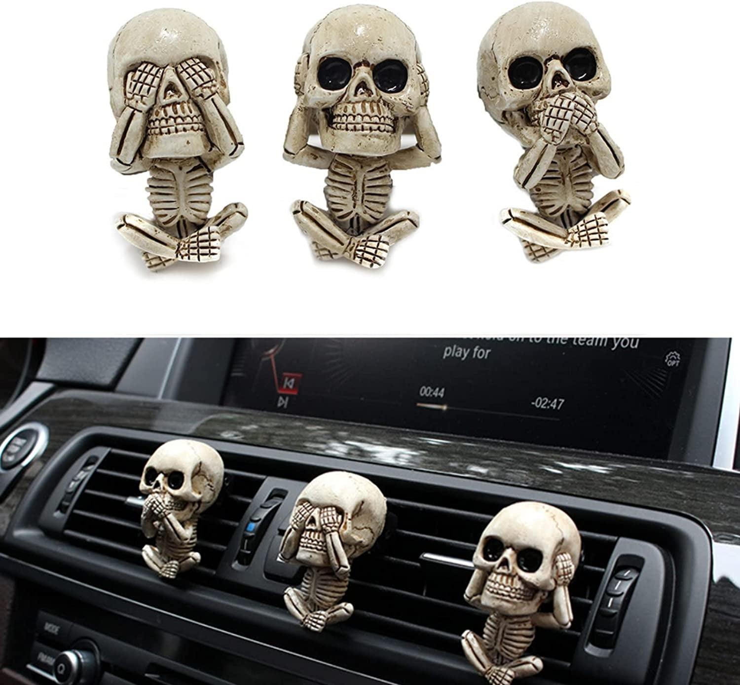 Car Air Freshener Clips, Skull Car Vent Decoration, 3 Count, Black, Unscented