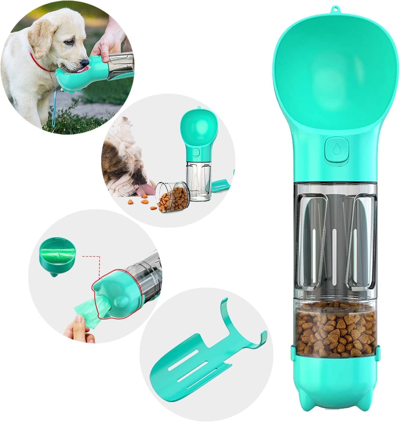 4-In-1 Portable Dog Bowl & Water Bottle - Travel Dog Water Dispenser with Food Box, Garbage Bag Storage & Poop Shovel